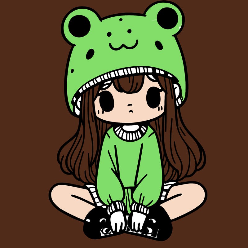 a girl wearing a frog hat and some frog socks