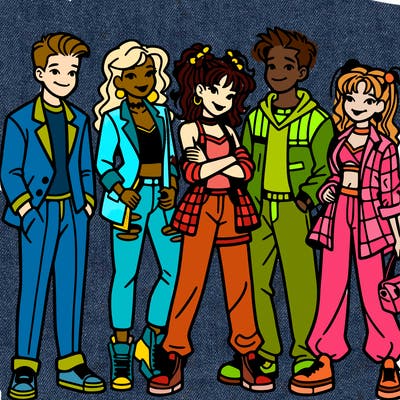 group of 5 teens with 2000s outfits
