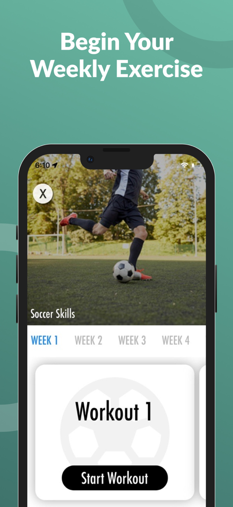 Interface do aplicativo móvel mostrando um cronograma de treinamento semanal de futebol e o botão de iniciar treino