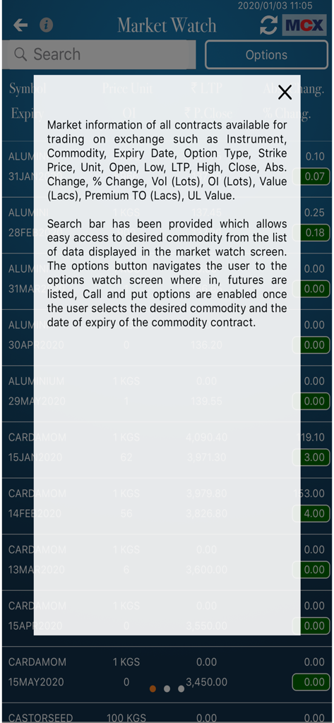 MCX app Market Watch screen with an information pop up describing commodity contract data and trading features