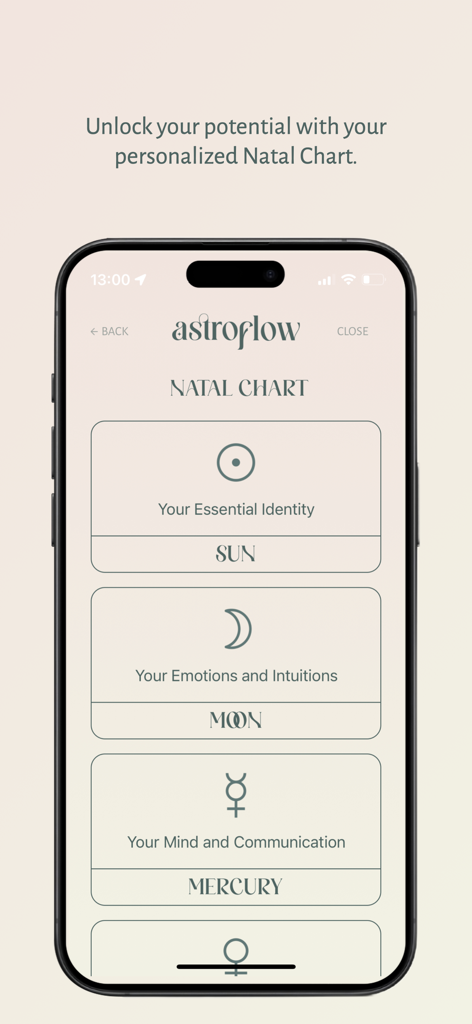 Astroflow app natal chart interface showing sun moon and mercury astrological descriptions