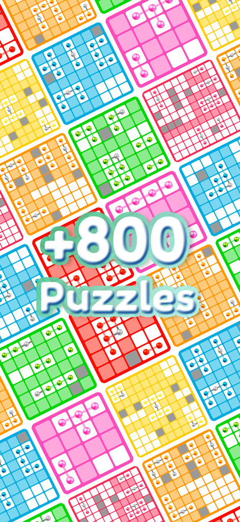 Logic Dots 2 - A collage of colorful logic puzzle grids with text overlay indicating over 800 levels in Logic Dots 2