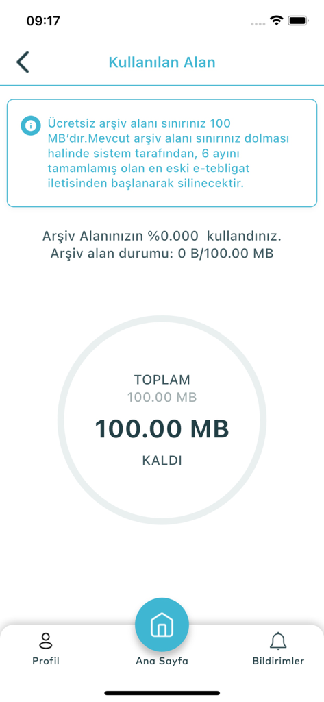 UETS PTT - Storage usage screen of the UETS PTT app showing a 100MB free archive limit for official notifications