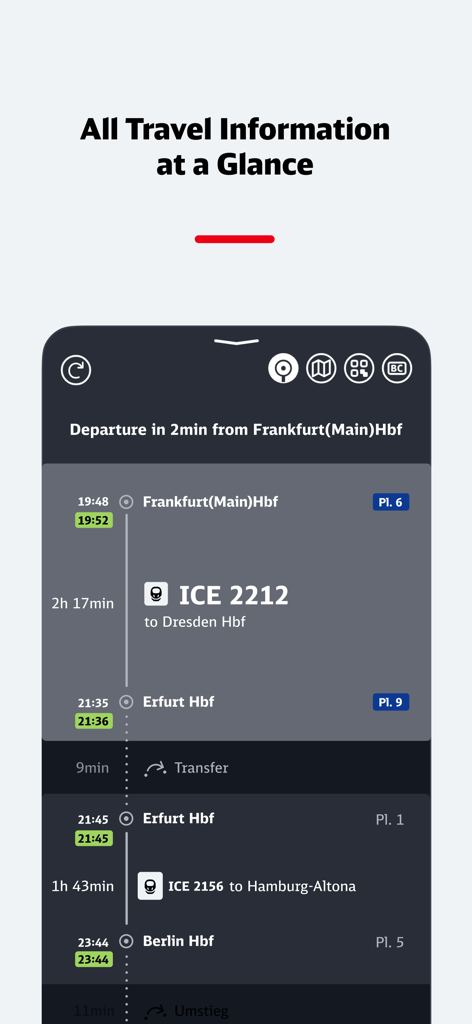 DB Navigator app showing real time train journey details and platform information for German rail travel
