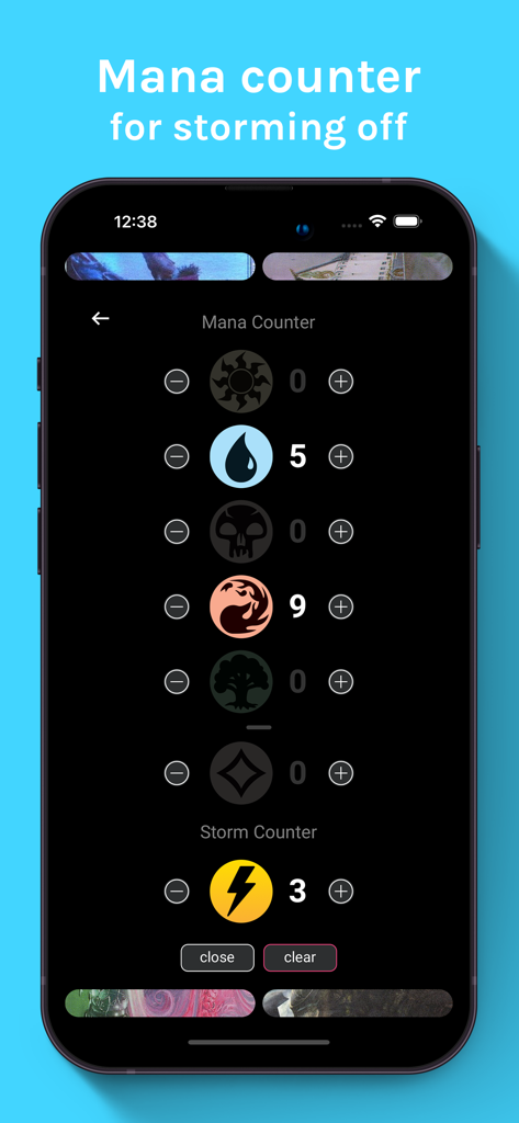 Lifetap app screen displaying mana and storm counters for Magic The Gathering