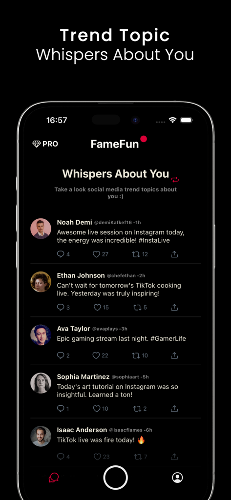 Um feed de mídia social simulado mostrando comentários positivos de fãs e tópicos em alta no aplicativo Famefun