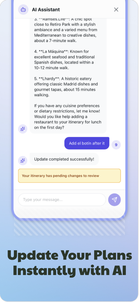 Interfaz de chat del asistente de IA de Aicotravel mostrando al asistente actualizando un itinerario de viaje con sugerencias de restaurantes.