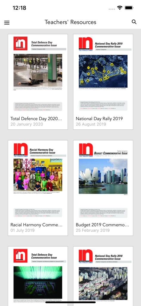 The Straits Times IN - A screen from The Straits Times IN app displaying various educational commemorative magazine issues under the Teachers Resources section.