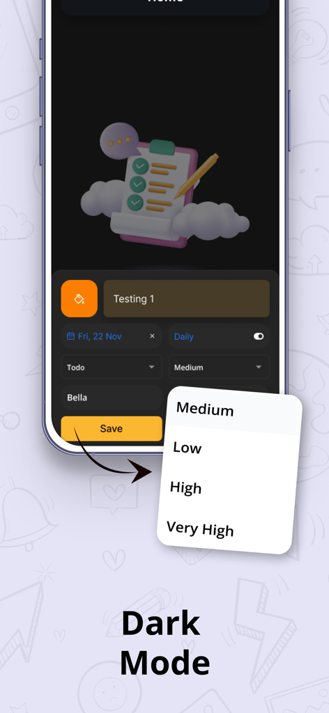ToDo List: Daily Task Reminder - DoneZo task manager interface in dark mode showing priority level selection.