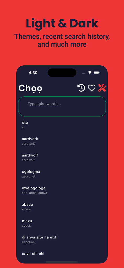 Igbo Dictionary - Dict Box - Igbo Dictionary app interface featuring dark mode and search history functionality