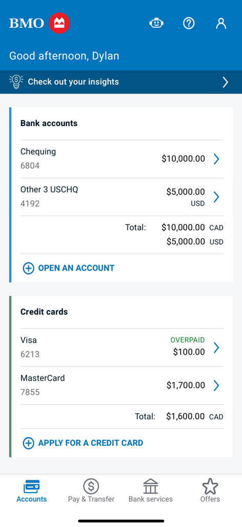 BMO Canada - BMO Canada mobile app accounts screen showing chequing and credit card balances in CAD and USD.