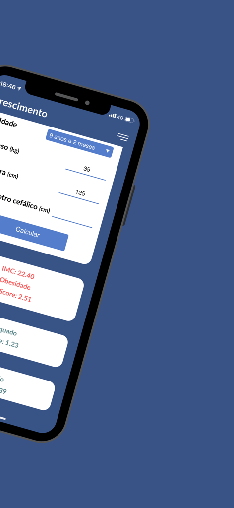 Calculadora de crescimento - Tela de smartphone exibindo resultados da calculadora de crescimento para IMC e escore Z
