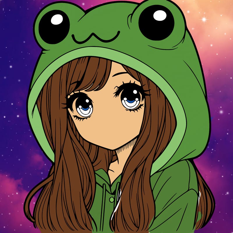 a pretty girl wearing a frog hoodie portrait with long hair