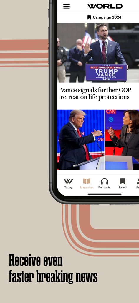 WORLD News Group - Smartphone displaying the WORLD News Group app interface with breaking news articles and navigation menu.