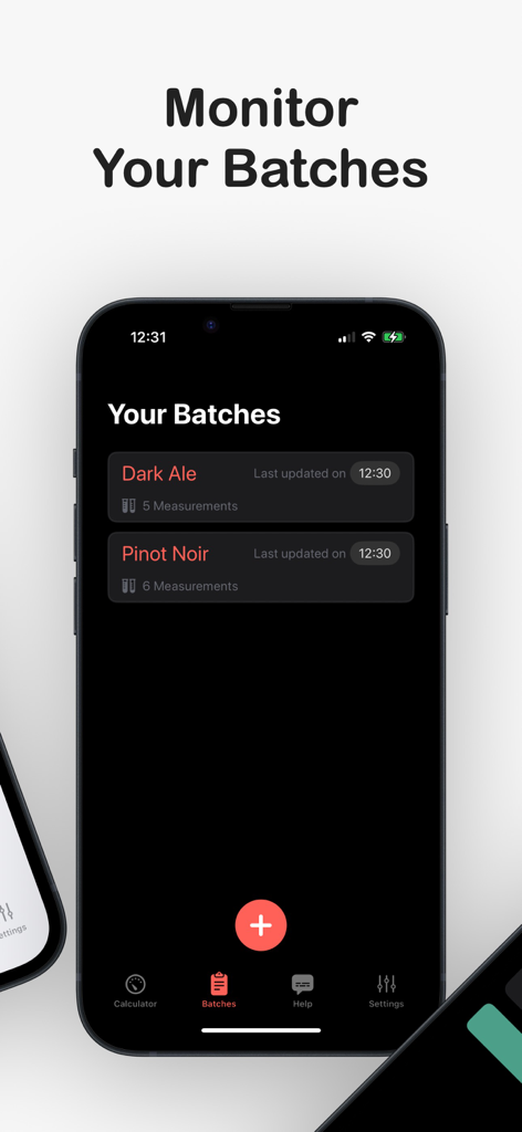 Calculate Alcohol by Volume - Mobile app screen showing a list of homebrew batches with entries for Dark Ale and Pinot Noir in a dark mode interface.