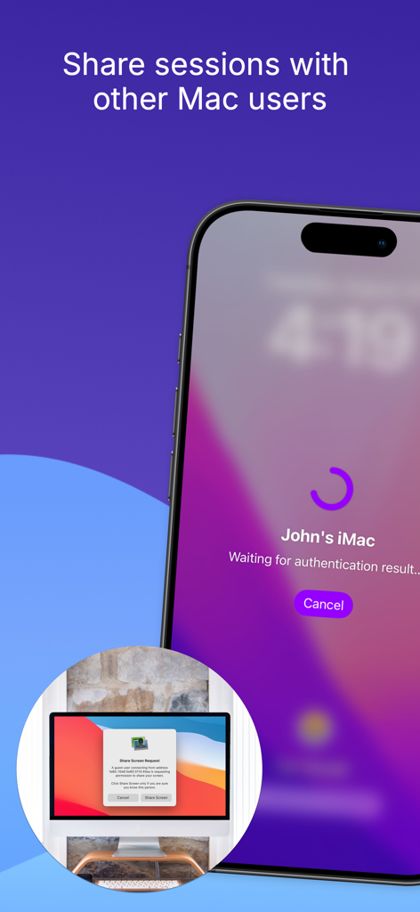 Interfaz de la aplicación iPhone solicitando una sesión de escritorio remoto con otro usuario de Mac.