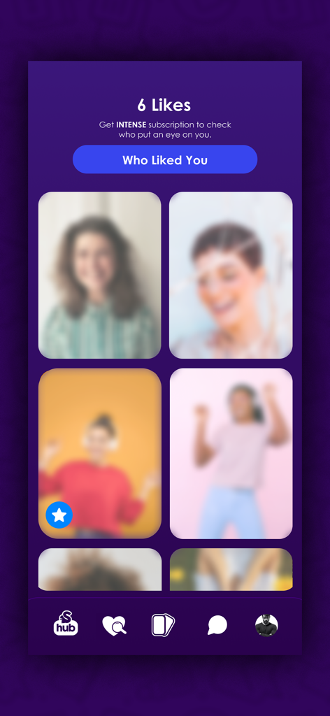 Sniffer - Dating New People - Sniffer app interface showing blurred profile pictures of people who liked the user with a button to reveal matches