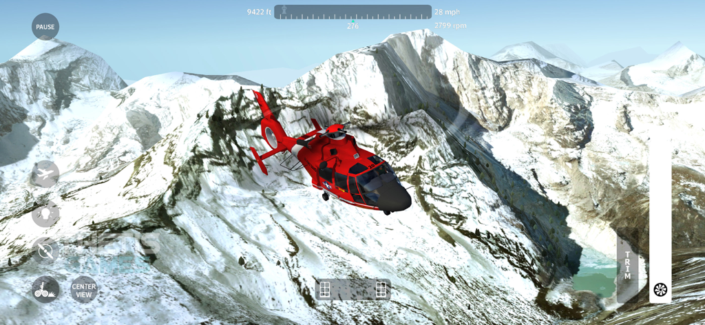 A red helicopter flying over snowy mountains in the FlyWings 2018 Flight Simulator mobile game.