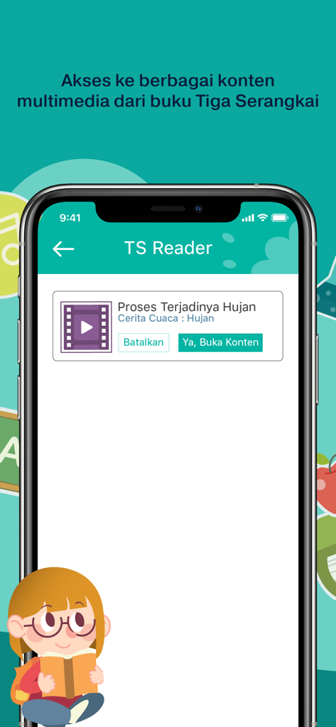 TS Reader - Pantalla de teléfono inteligente que muestra la interfaz de la aplicación TS Reader con un enlace de contenido de video para un libro de texto educativo