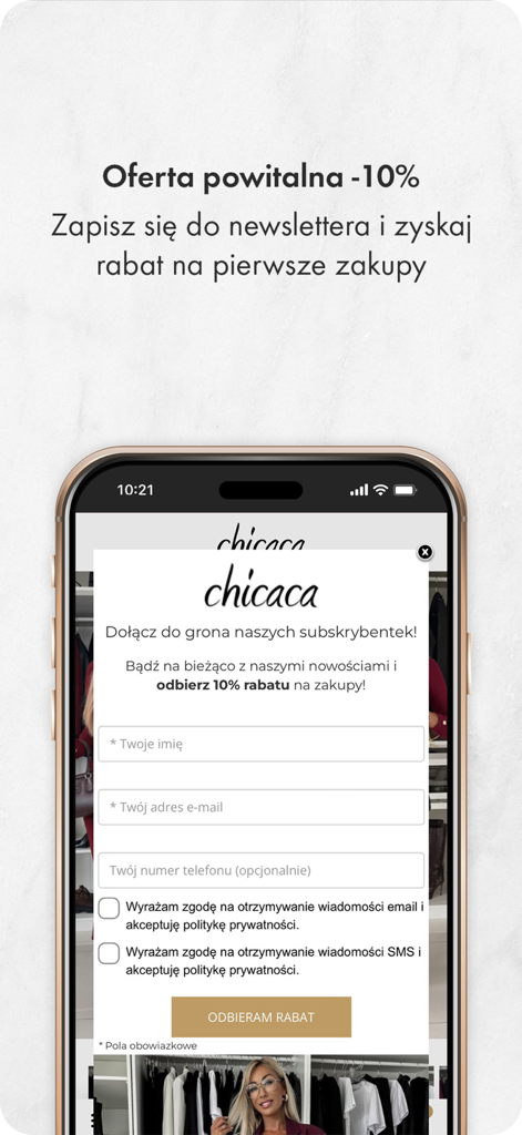 Chicaca.pl - A mobile screen showing the Chicaca app newsletter signup form with a 10 percent welcome discount offer