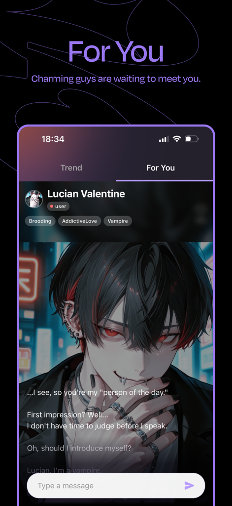 Interface of BangSter app showing a chat screen with an anime-style AI boyfriend character named Lucian Valentine