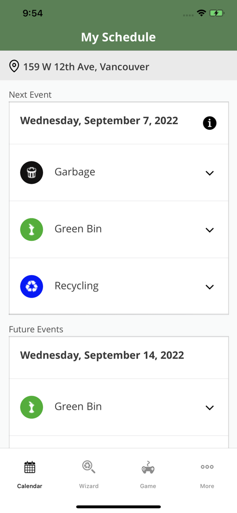 Screenshot of VanCollect app showing the garbage green bin and recycling schedule for a Vancouver address