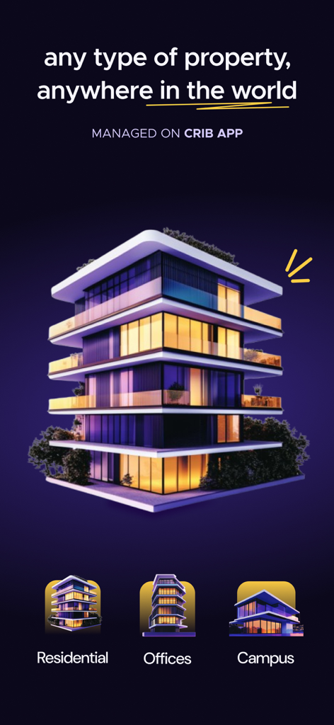 Crib: Property Management App - Una ilustración de edificio en 3D que muestra la gestión de propiedades residenciales, de oficinas y universitarias en la aplicación Crib