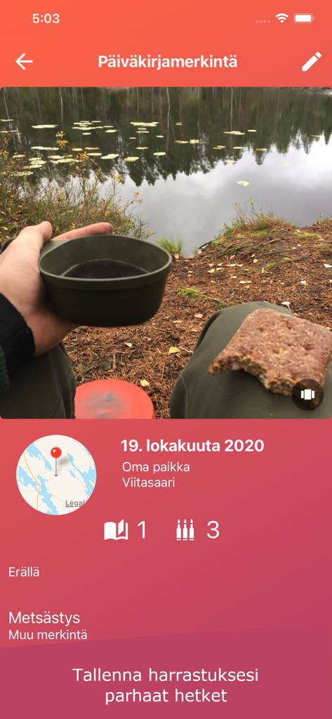 Ampuma - A diary entry in the Ampuma app showing a hunting trip log with a scenic photo and location details.