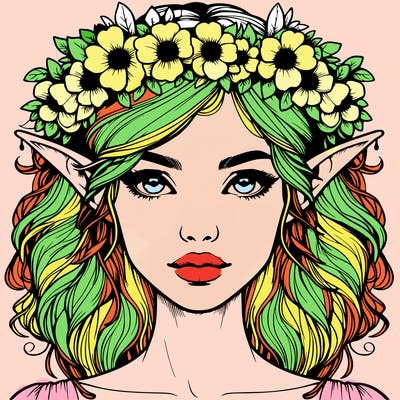 realistic female elf with flower crown