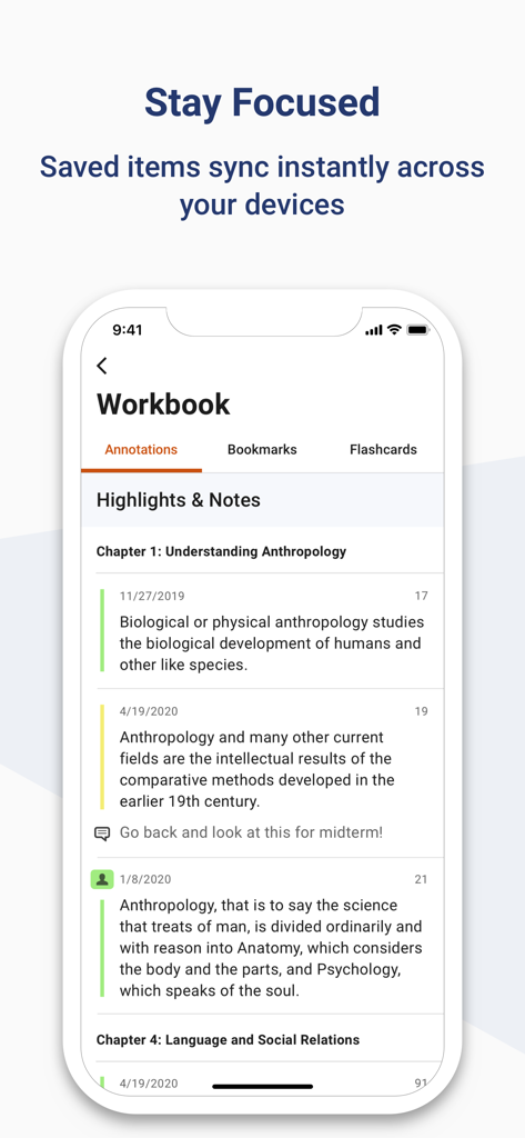 Arbeitsbuch-Ansicht in der Elsevier eBooks App mit geräteübergreifend synchronisierten Markierungen und Notizen.