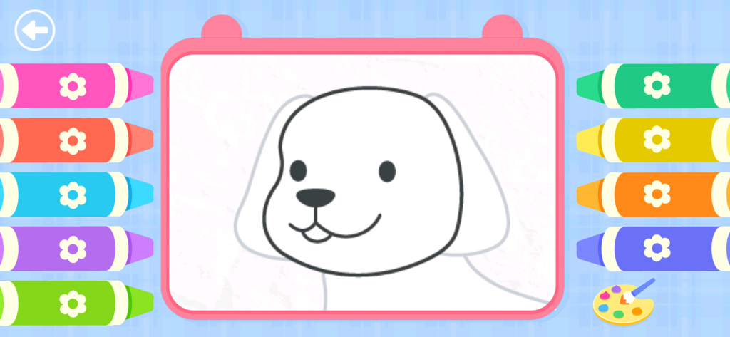 Painting Book - Kids coloring app interface featuring a simple dog outline and colorful crayon tools