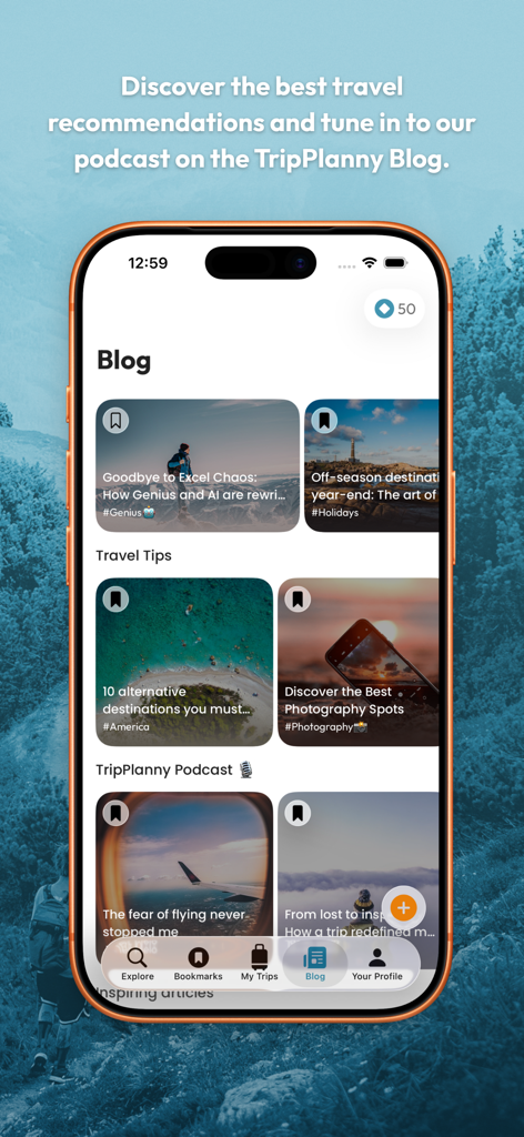 TripPlanny: Plan your trip - Pantalla de la aplicación TripPlanny que muestra el blog de viajes con consejos, episodios de podcasts y artículos de destinos.