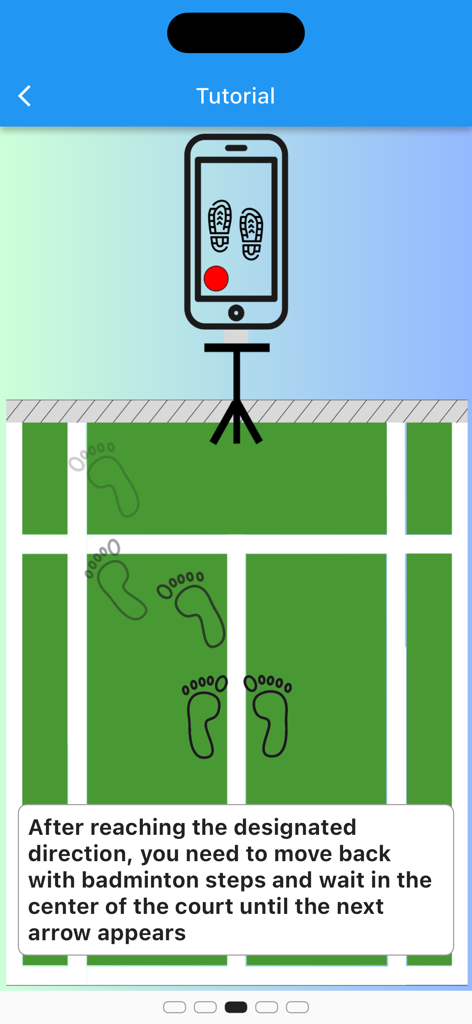 Tutorial screen showing phone setup on a tripod and court movement patterns for badminton shadow footwork training.