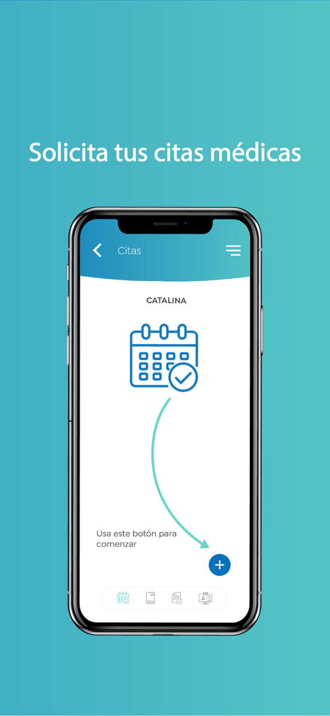 Interface of the Coomeva MP mobile app showing how to request medical appointments with a calendar icon and a plus button