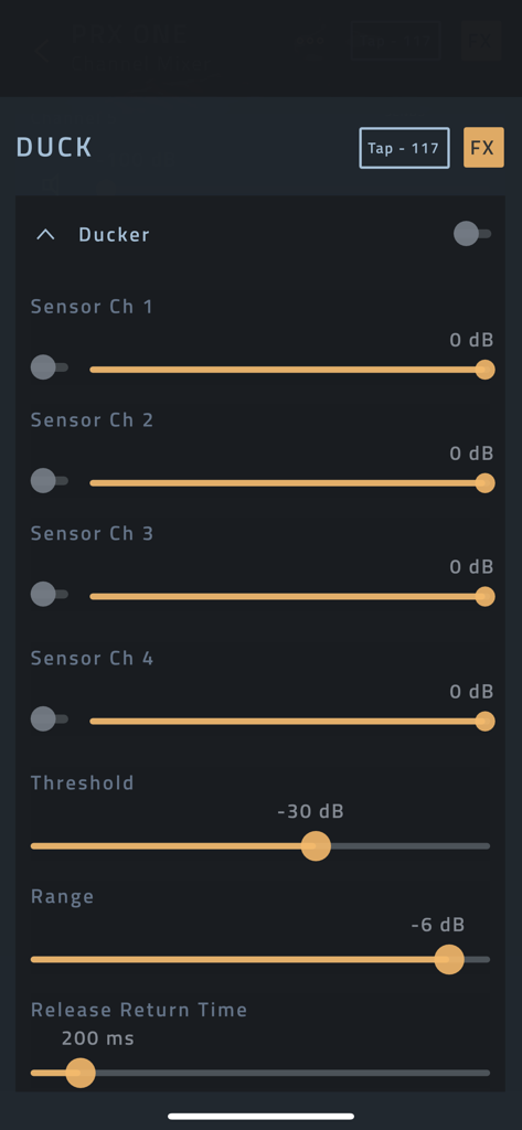 JBL Pro Connect - Interface do aplicativo JBL Pro Connect mostrando controles de ducking de áudio com sensores de canal e sliders de threshold