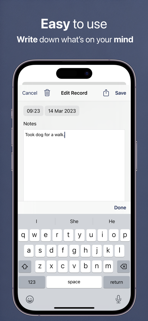 Smartphone screen showing the Feeltracker app interface for writing a daily journal entry.