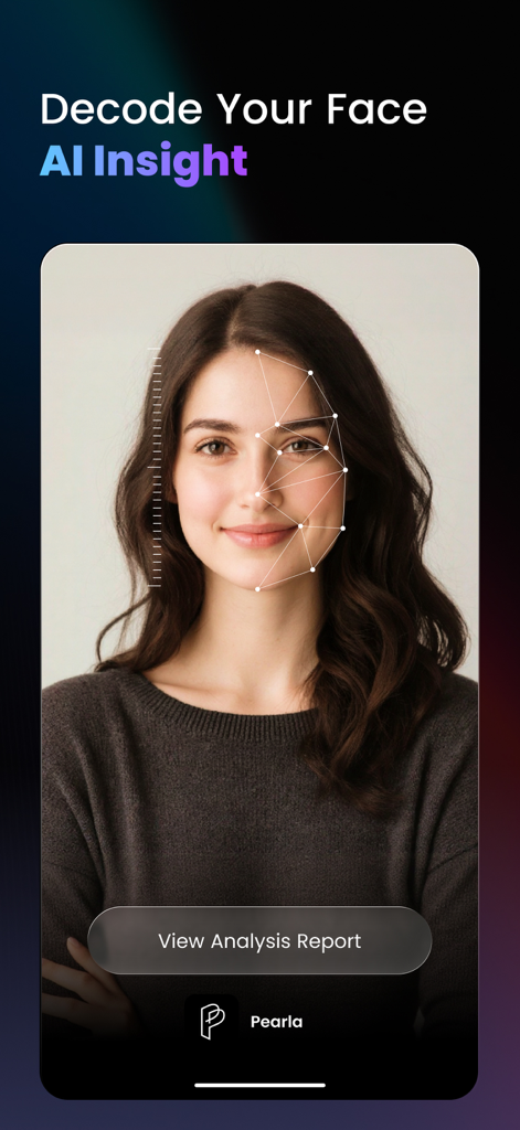 A portrait of a woman with a digital geometric overlay for AI face analysis in the Pearla app.