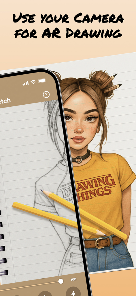 Un iPhone utilisant la réalité augmentée pour projeter un croquis de portrait sur du papier pour le traçage et le dessin.