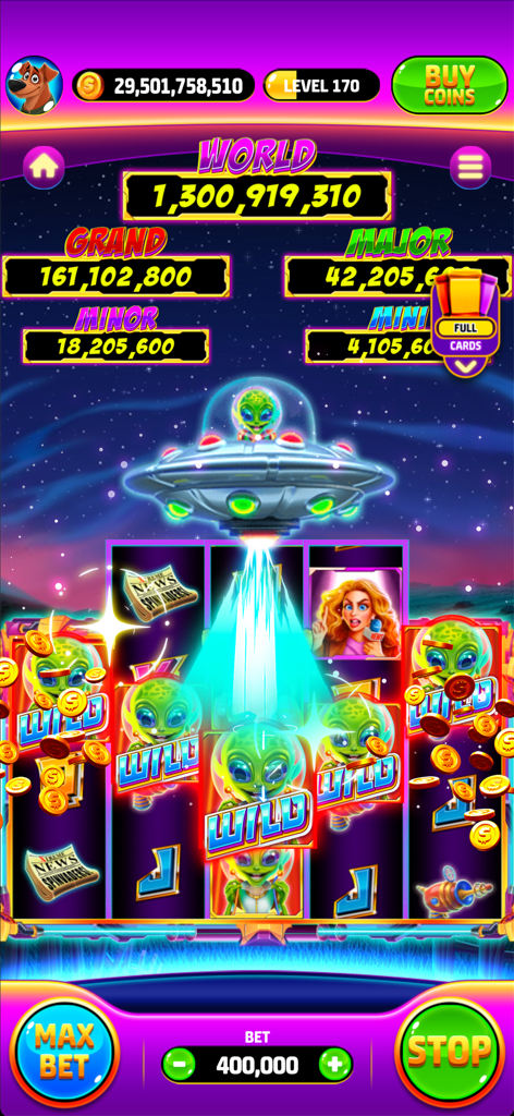 Slots World - Vegas Casino - Alien themed slot machine screen with UFO beaming light onto wild symbols and jackpot amounts.