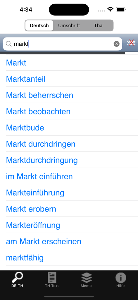 ClickThai Wörterbuch - Search results for the word markt in the ClickThai Thai German dictionary mobile app