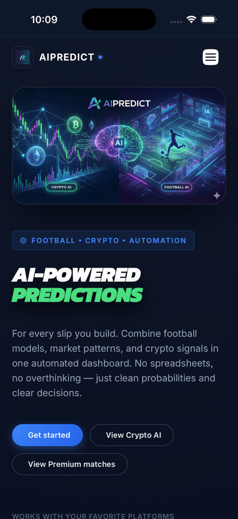 AiPredict - Football & Crypto - Pantalla de inicio de la aplicación AiPredict que muestra predicciones impulsadas por IA para mercados de fútbol y criptomonedas con una interfaz moderna de modo oscuro.