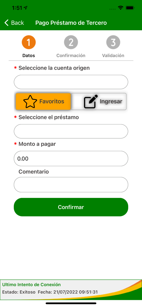 Third party loan payment form screen in the Cooperativa La Altagracia mobile app