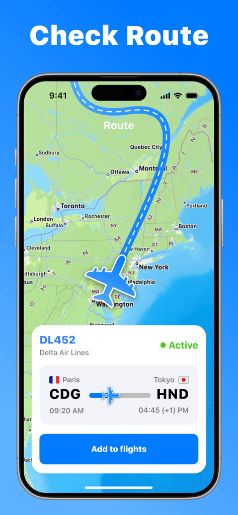Flight Tracker, Plane Finder - Una captura de pantalla de la aplicación móvil que muestra una ruta de vuelo en vivo en un mapa interactivo para un vuelo de Delta de París a Tokio.