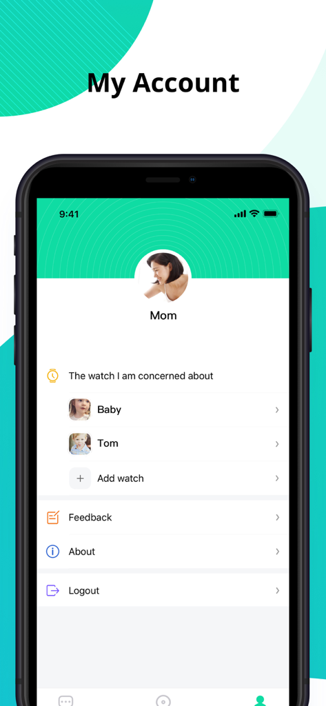 Safety Watch APP - Safety Watchアプリのマイアカウントダッシュボード。保護者のプロフィールと、接続されている2つの子供用スマートウォッチが表示されています。