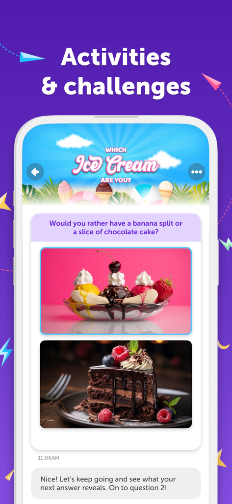 Kinzoo: Fun All-Ages Messenger - Capture d'écran de l'application Kinzoo montrant un quiz interactif pour enfants intitulé Quel parfum de glace êtes-vous