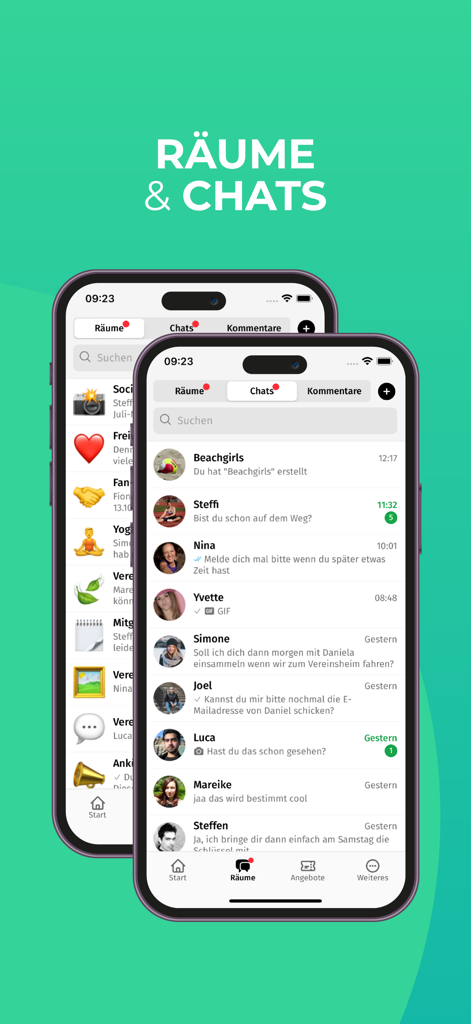 campai - Smartphone screens showing the rooms and chats interface of the campai community management app