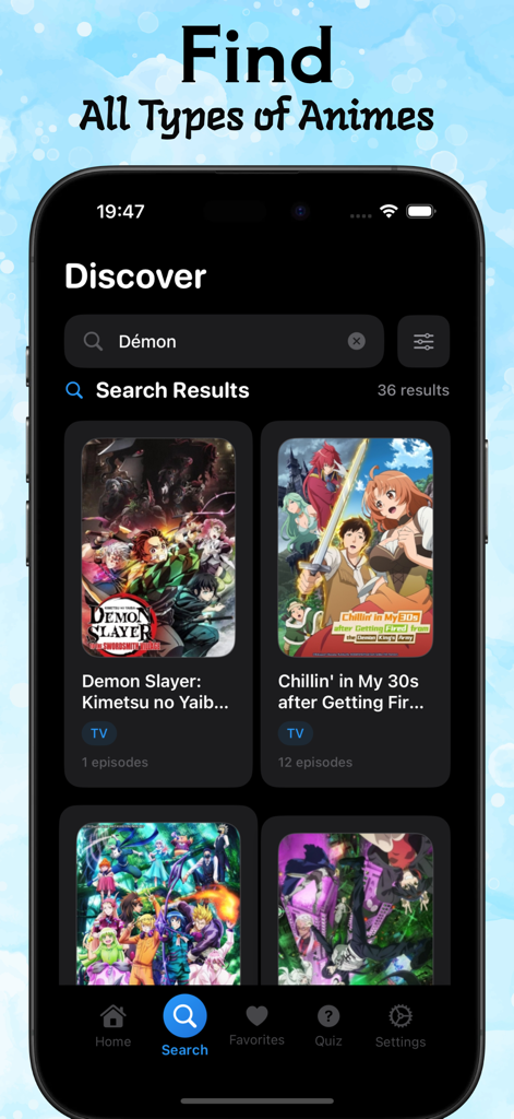 Animix: Explore Animekai Anime - Interface of the Animix app displaying anime search results for the keyword Demon with posters for Demon Slayer and other series.