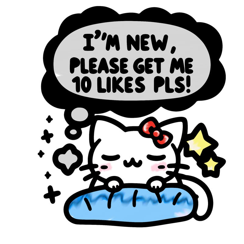 kitty taking a nap dream talking and saying "i'm new, please get me at least 10 likes pls!!"