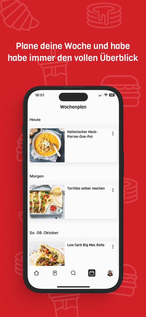 ZauberTopf Rezepte - Interfaz de planificación de comidas semanal en la aplicación ZauberTopf que muestra sugerencias de recetas y un horario para usuarios de Thermomix.
