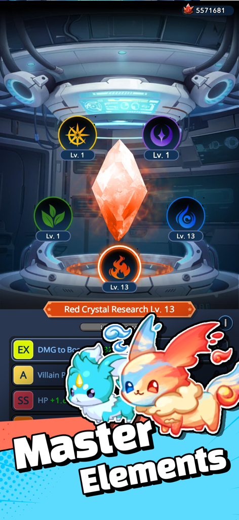 Supervillain Wanted mobile RPG screenshot featuring elemental research and cute chibi characters